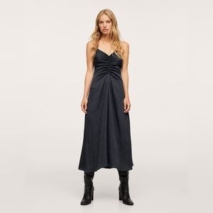 Mango Gathered neckline satin effect dress